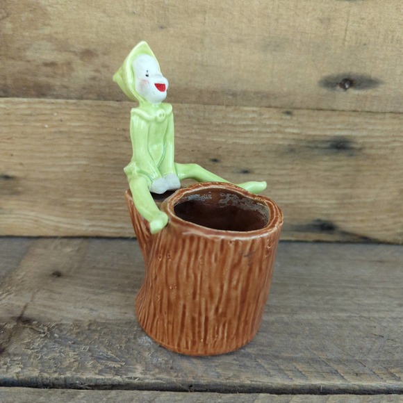 Vintage 1950s Gilner Pixie Elf Sitting on a Hollow Log Planter / Kitschy - Picture 1 of 10